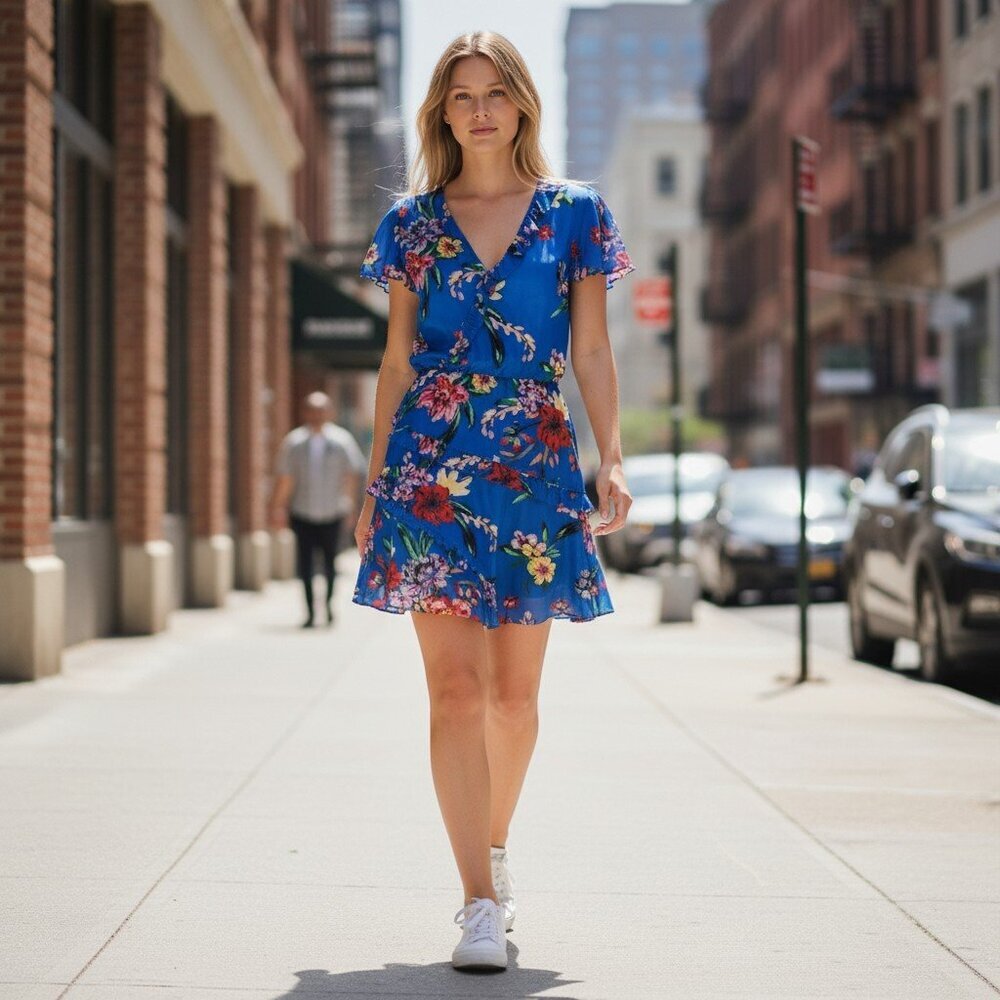 Parker Blue Silk Floral V-Neck Short Sleeve Ruffle Mini‎ Dress XS Preowned